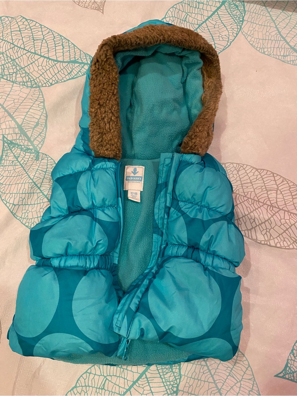 Old Navy Teal Polka Dot Hooded Puffer Vest with Brown Faux-Fur Trim